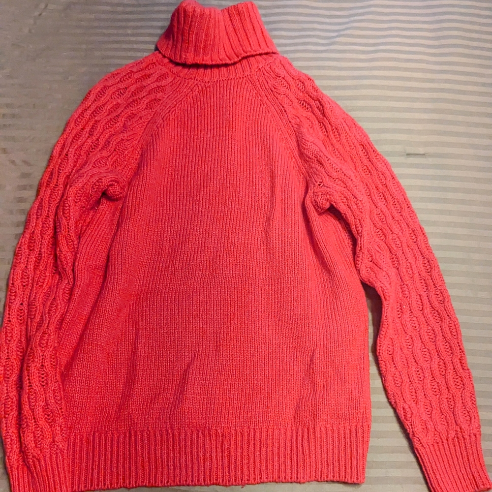 Cozy Neon Watermelon Cowl Neck Cable Knit Sweater